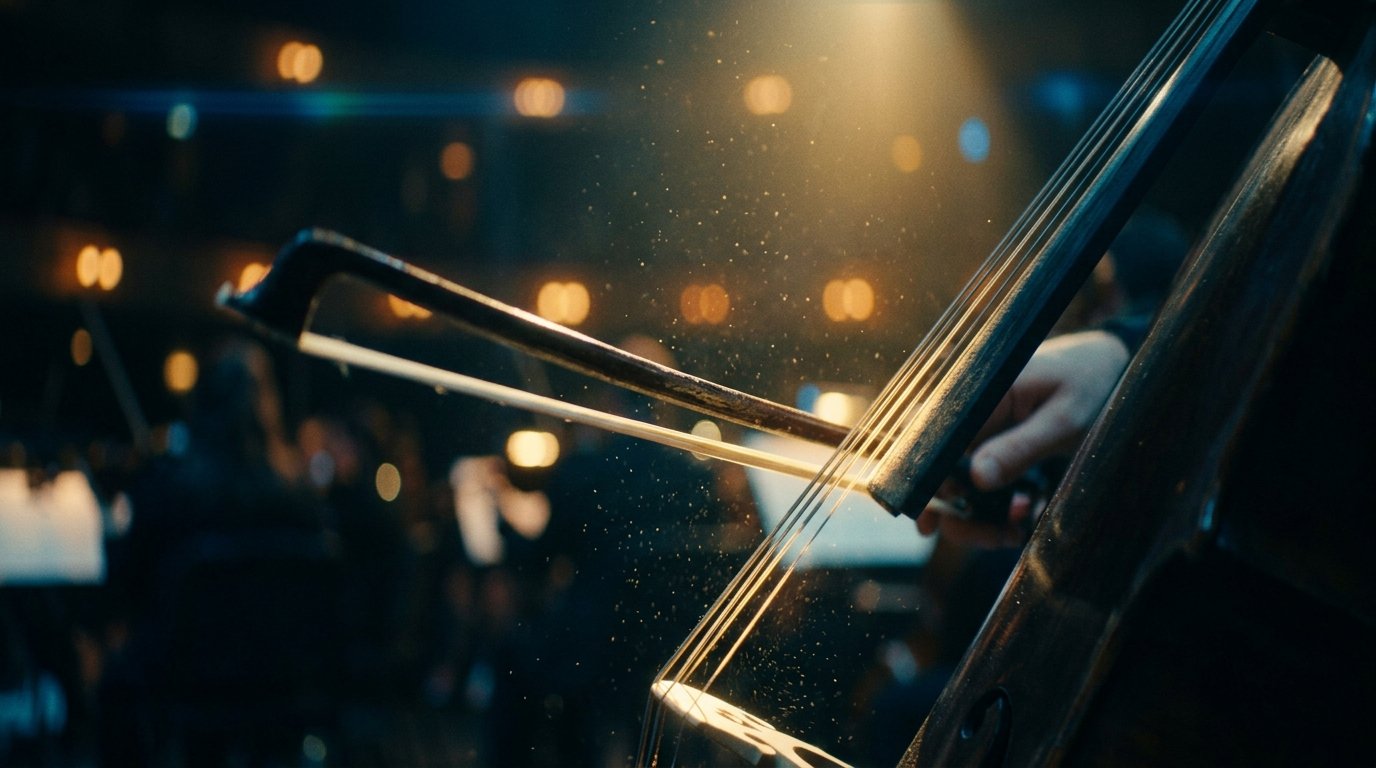 Arco deslizando sobre as cordas de um violoncelo.